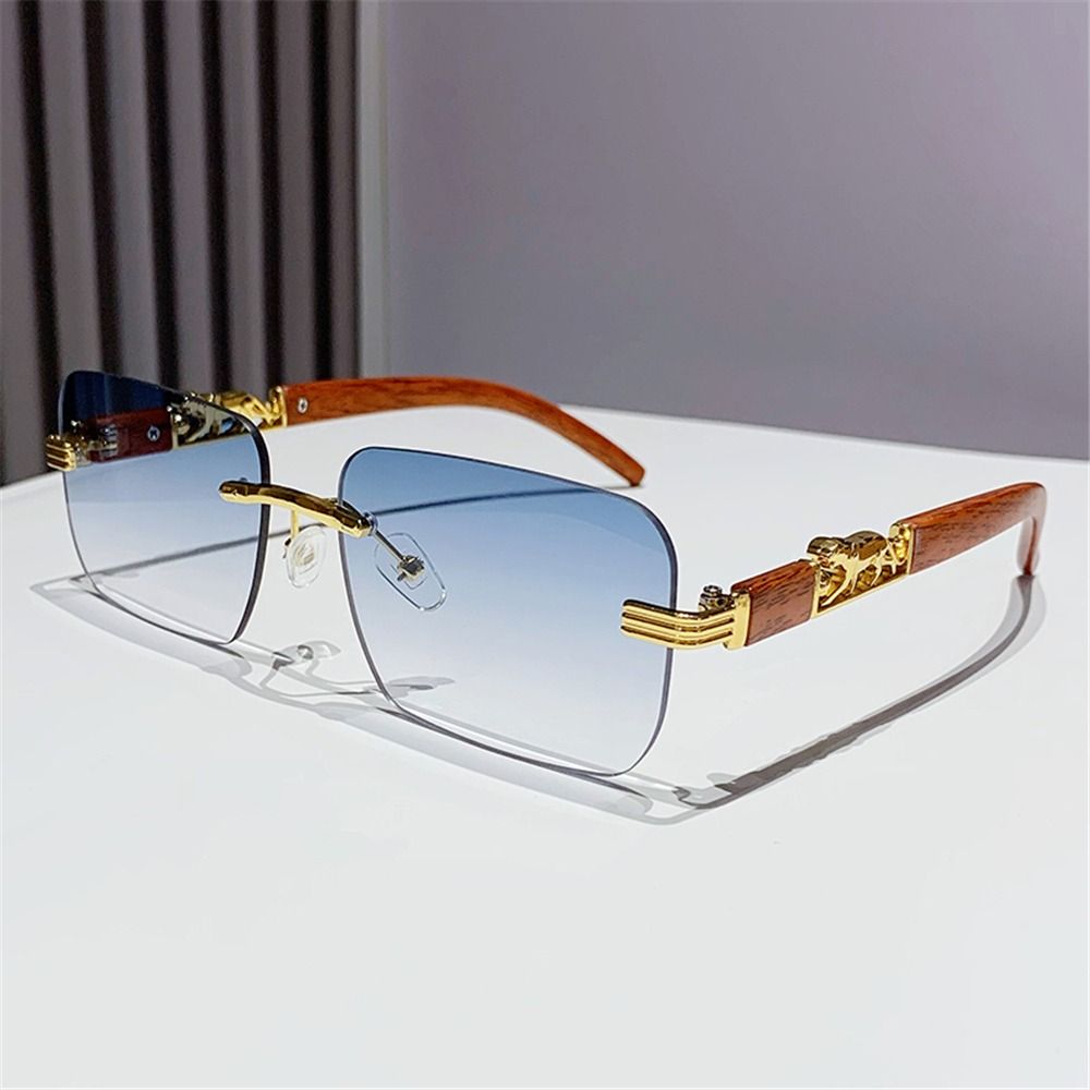 Unique Cool Rectangle Sunglasses, Metal Temples Rimless Cut Edge Sun Glasses for Women & Men
