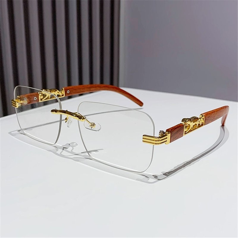Unique Cool Rectangle Sunglasses, Metal Temples Rimless Cut Edge Sun Glasses for Women & Men