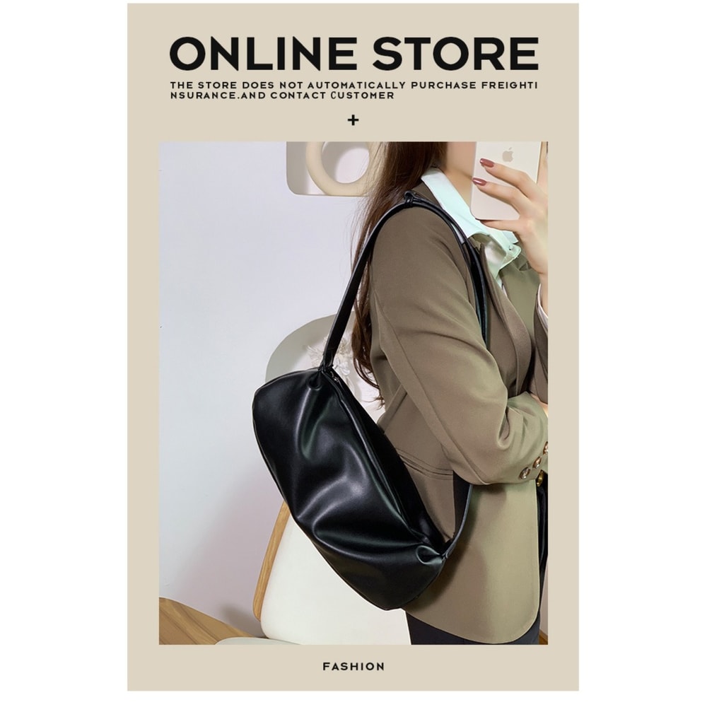 Wide Strap PU Leather Shoulder Bag, Luxury Casual Crossbody Messenger Bag in Half Moon Shape