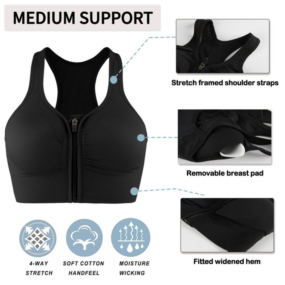 Shock Resistant Sports Bra, Front Zipper Design, Plus Size, Breathable Seamless Gym Top