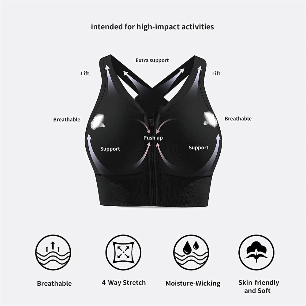 Shock Resistant Sports Bra, Front Zipper Design, Plus Size, Breathable Seamless Gym Top