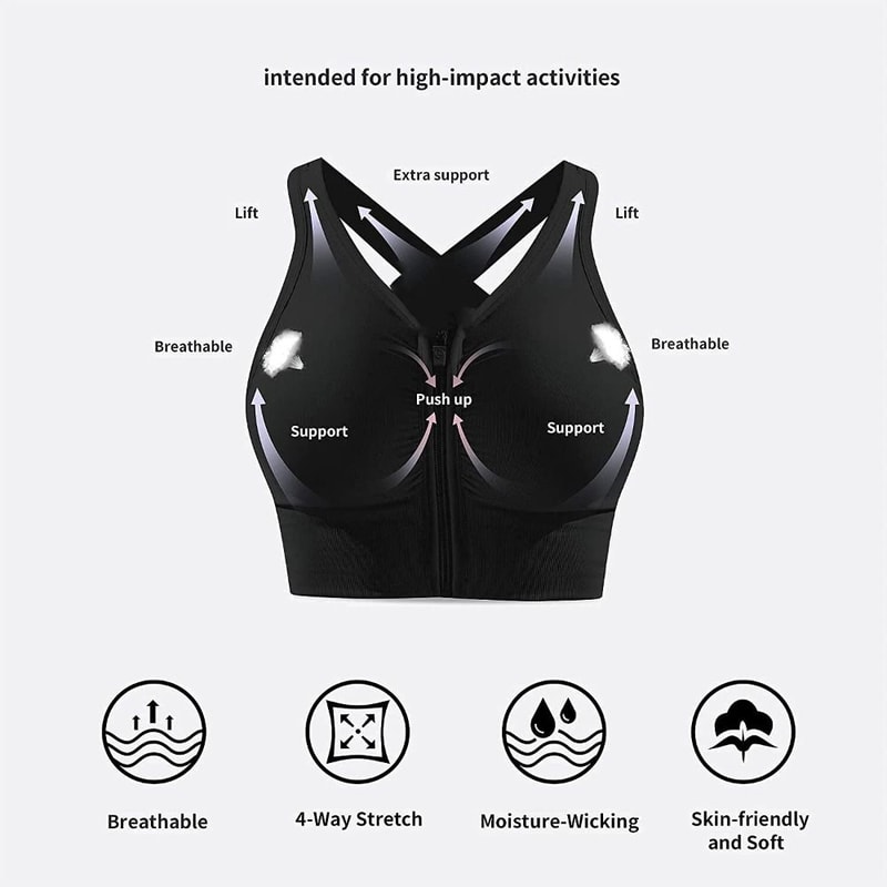 Shock Resistant Sports Bra, Front Zipper Design, Plus Size, Breathable Seamless Gym Top