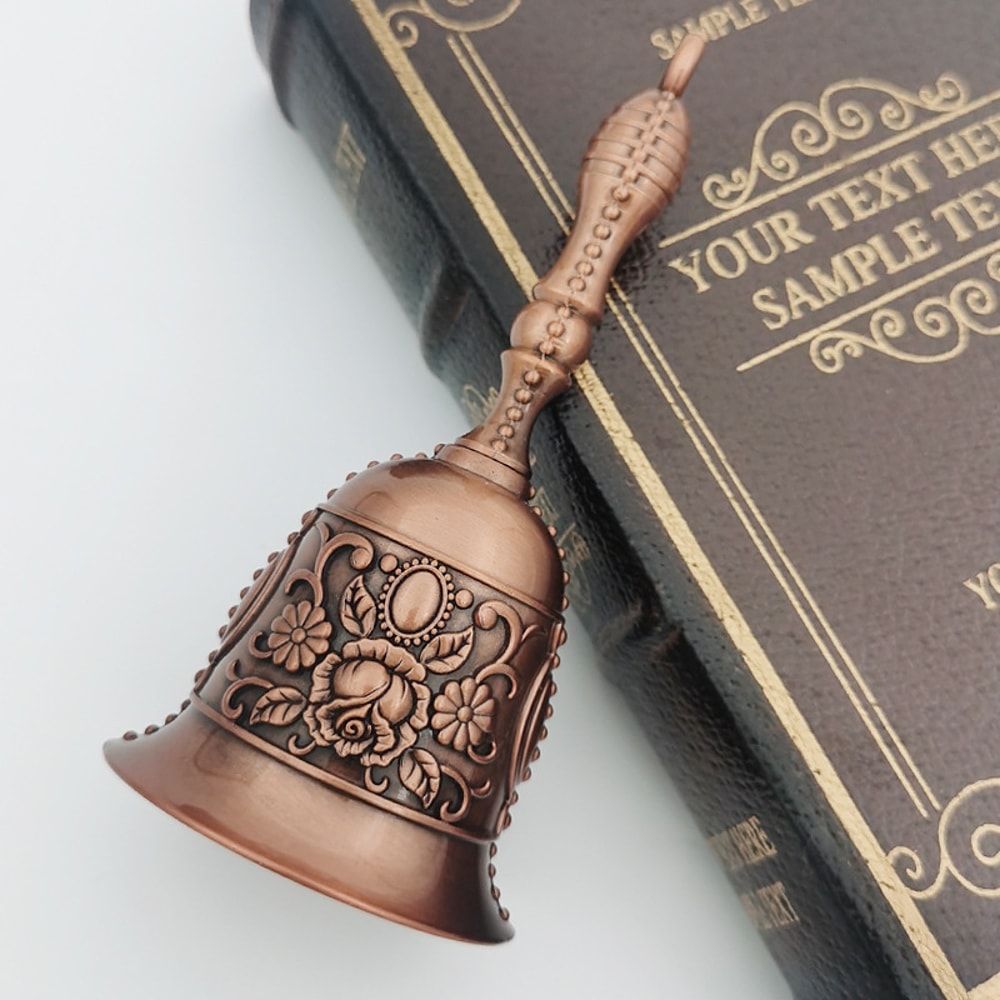 Retro Golden Hand Bell, Clear Sound Bronze Metal, Church Bell for Restaurant, Bar, Rose Design, Jingle Effect