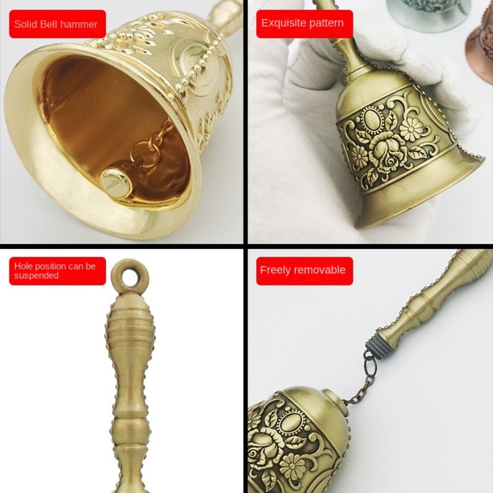 Retro Golden Hand Bell, Clear Sound Bronze Metal, Church Bell for Restaurant, Bar, Rose Design, Jingle Effect