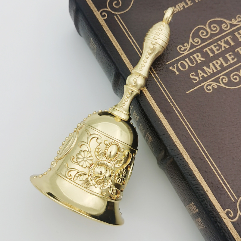 Retro Golden Hand Bell, Clear Sound Bronze Metal, Church Bell for Restaurant, Bar, Rose Design, Jingle Effect