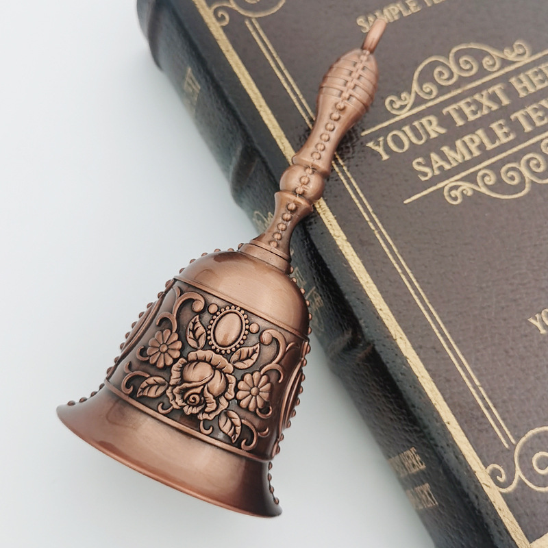 Retro Golden Hand Bell, Clear Sound Bronze Metal, Church Bell for Restaurant, Bar, Rose Design, Jingle Effect