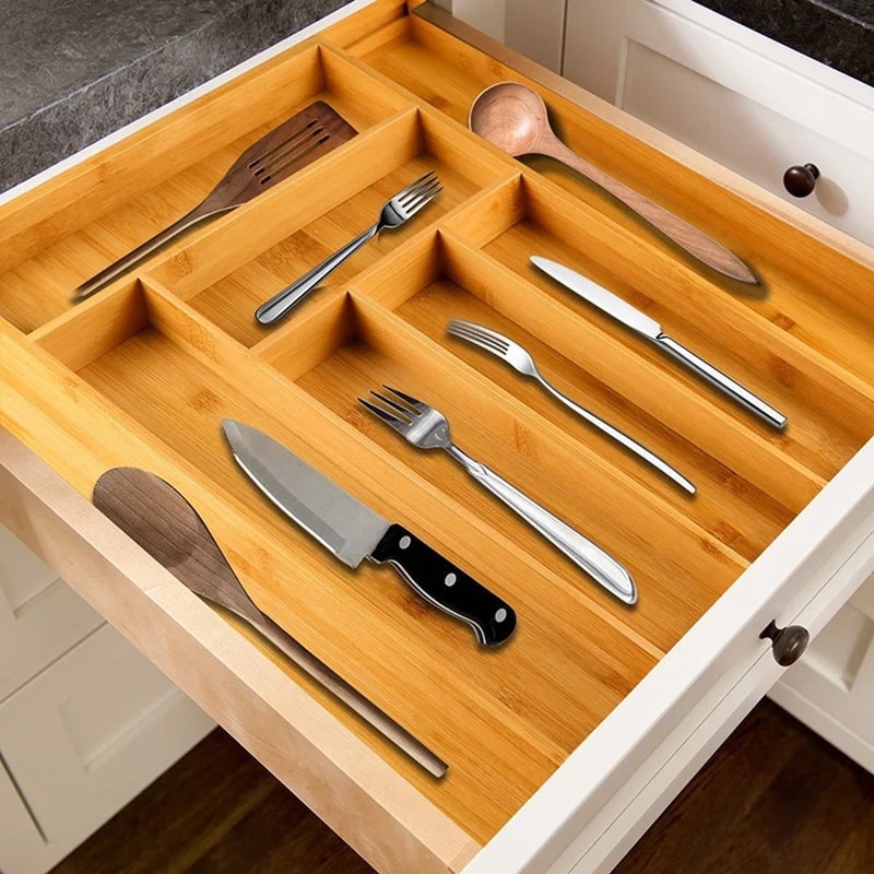 Wooden Adjustable Cutlery Tray, Bamboo Drawer Divider Organizer, Expandable Kitchen Storage