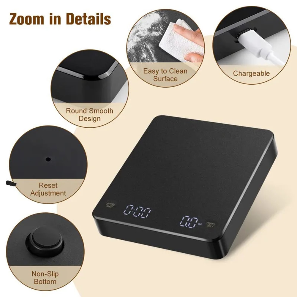 High Precision Digital Coffee Scale, LED Screen Espresso, Timer Kitchen Scale, USB Max.Weighing