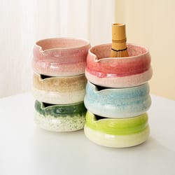 matcha green tea bowl, ceramic chasen holder stand, bamboo whisk, gradient color tea grinder