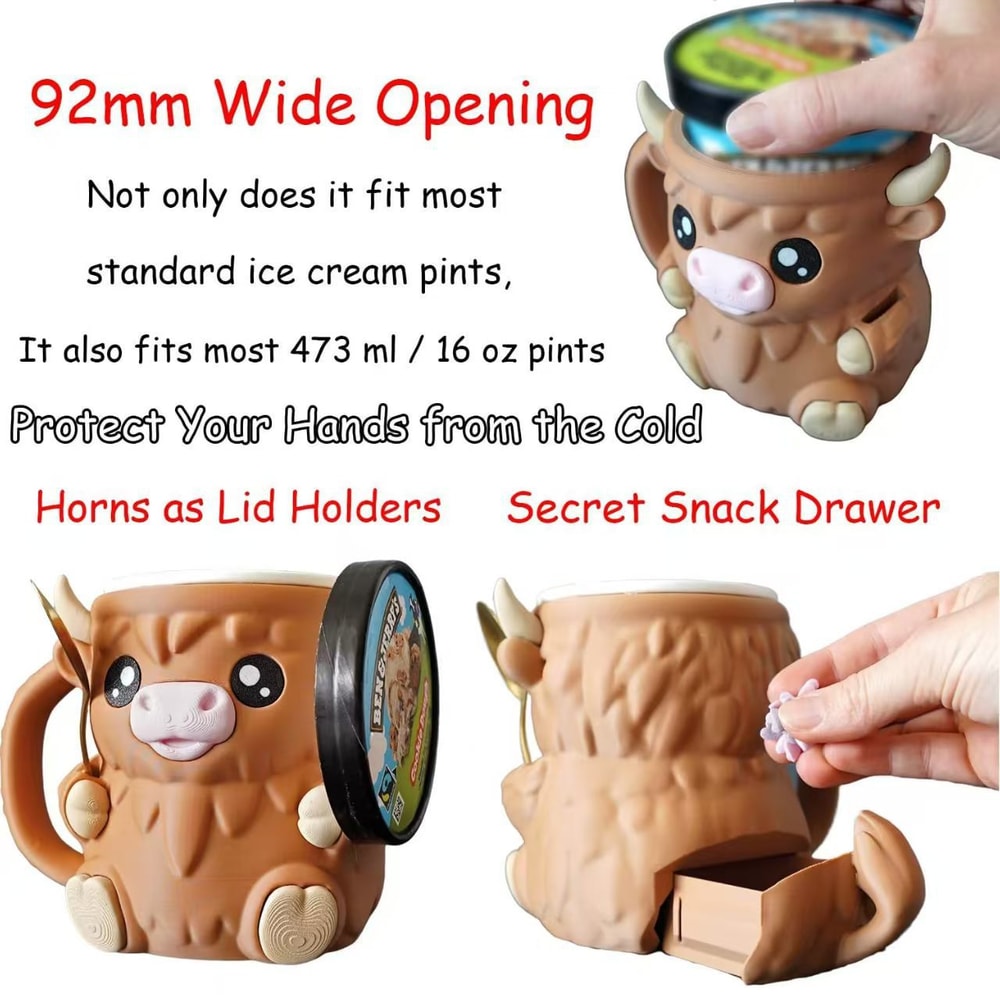 Reusable Highland Cow Ice Pint Holder, Printed Ice Cream Pint Containers, Snack Drawer & Handle - Beer Can Sleeves
