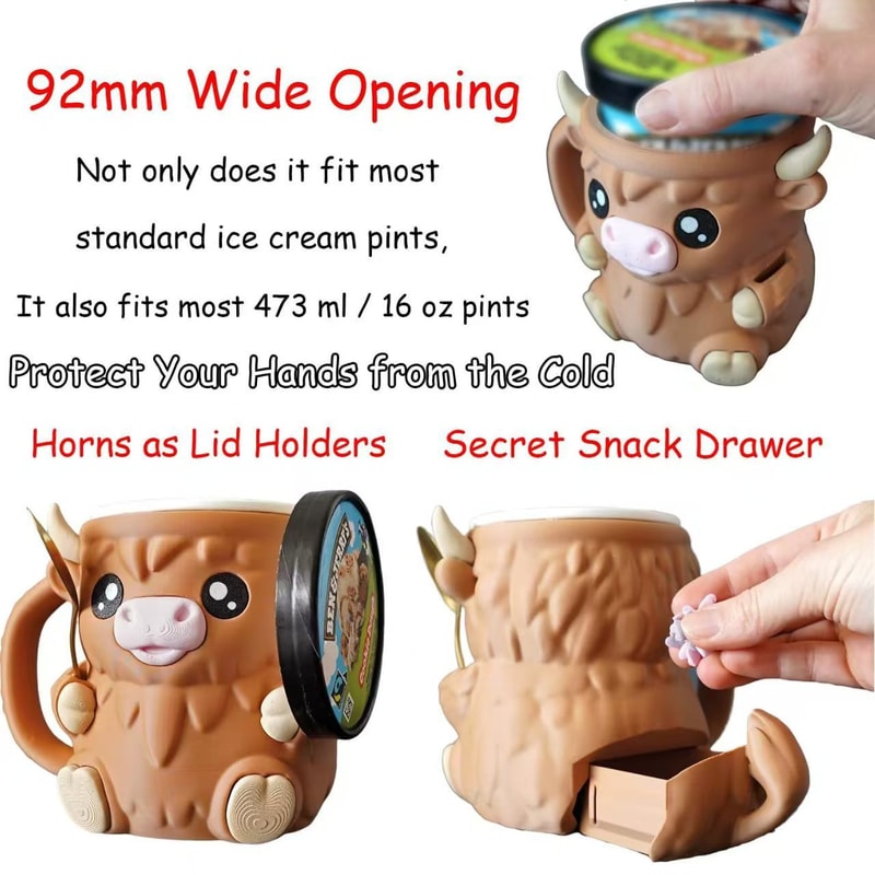 Reusable Highland Cow Ice Pint Holder, Printed Ice Cream Pint Containers, Snack Drawer & Handle - Beer Can Sleeves