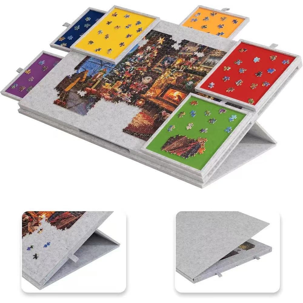Portable Organizer for Unfinished Puzzles, Foldable Puzzle Mat With Sorting Trays Felt Jigsaw Puzzle Storage Mat