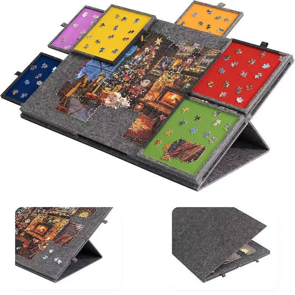 Portable Organizer for Unfinished Puzzles, Foldable Puzzle Mat With Sorting Trays Felt Jigsaw Puzzle Storage Mat