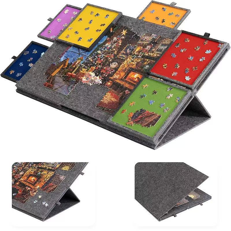 Portable Organizer for Unfinished Puzzles, Foldable Puzzle Mat With Sorting Trays Felt Jigsaw Puzzle Storage Mat