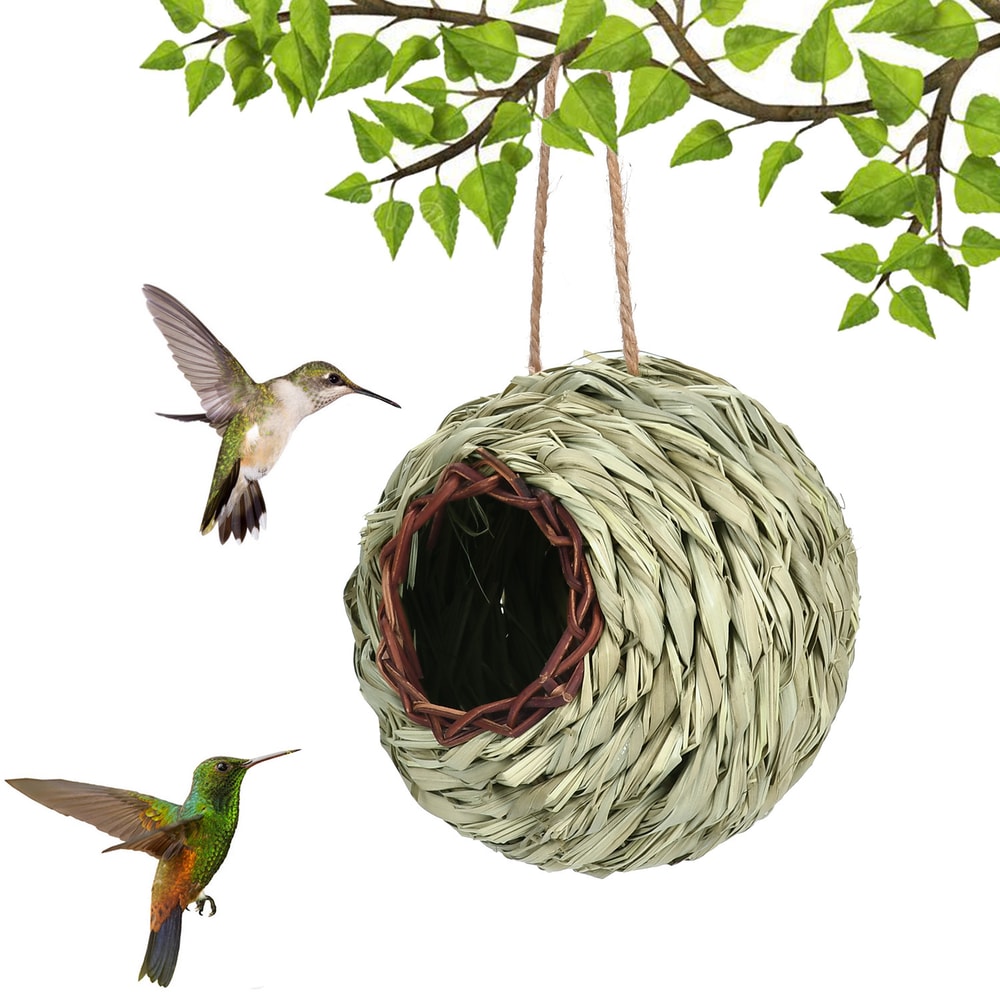 Handwoven Birdhouse, Natural Grass Hanging Bird Nest for Hummingbirds, Outdoor Garden Bird Shelter Nest Decoration
