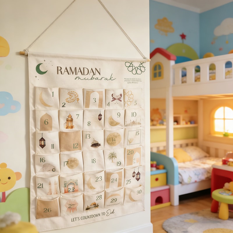 Muslim Children Advent Calendar, Countdown Wall Hanging Gift Bag, Eid Mubarak Holiday Decoration