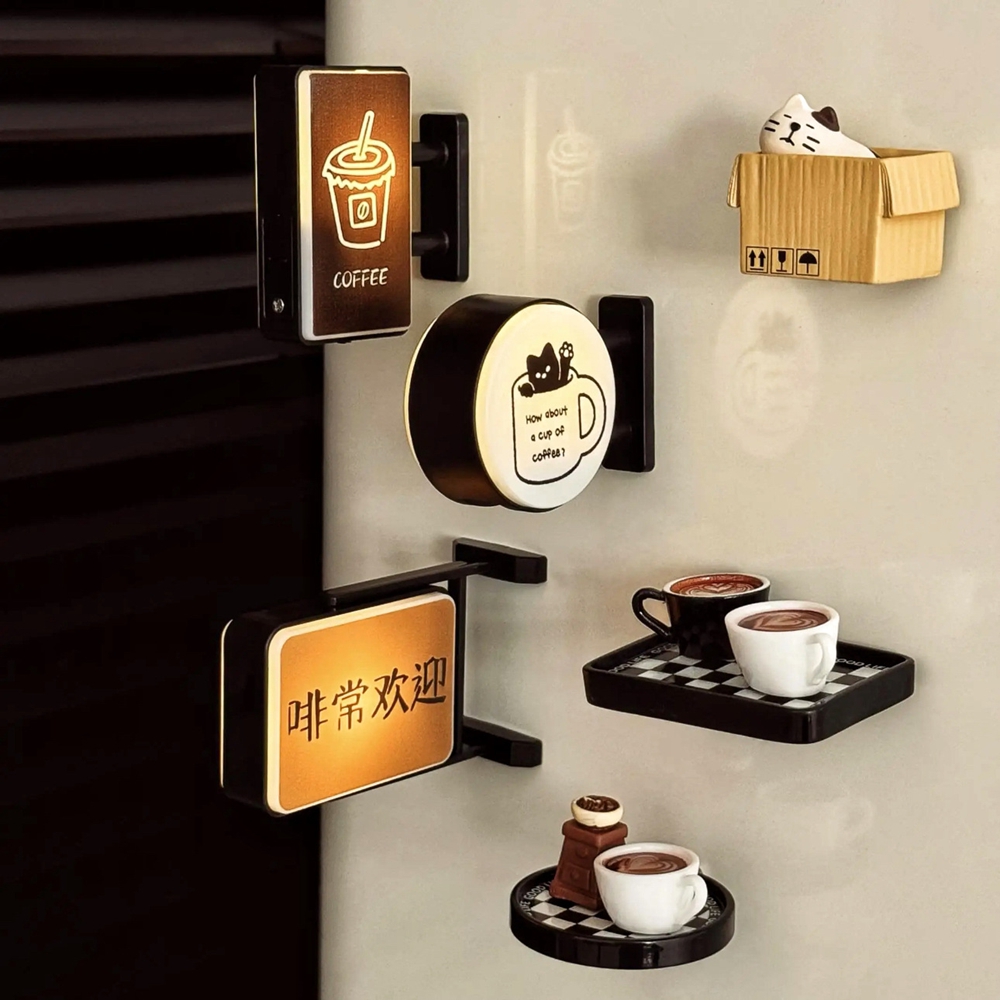 Cat and Dog Pattern Refrigerator Magnet Light, Cute Coffee Theme Decorative Light, Home Decoration