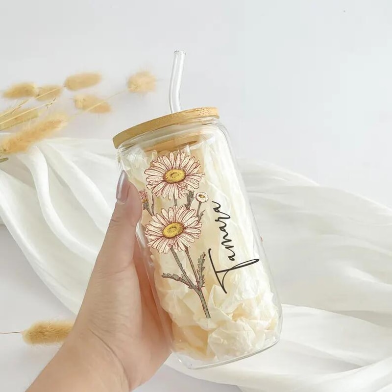 Personalized Name Cup with Bamboo Lid Straw, Custom Flower Glass Tumbler, Reusable Eco-Friendly Gift for Women