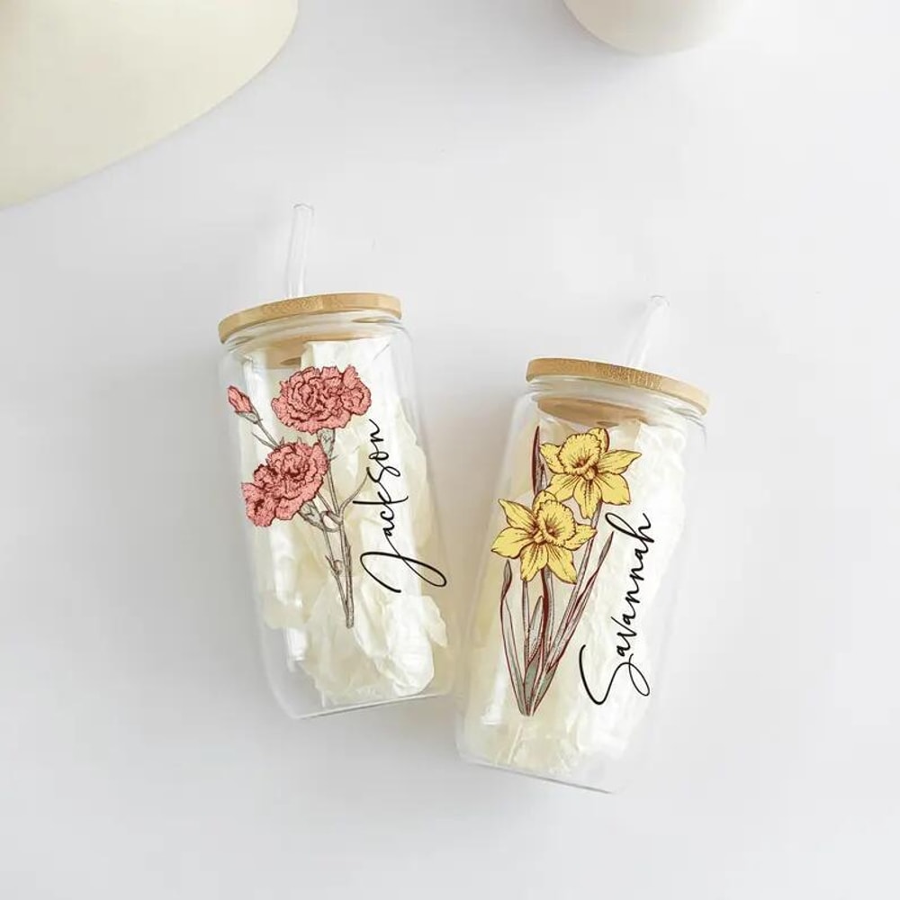 Personalized Name Cup with Bamboo Lid Straw, Custom Flower Glass Tumbler, Reusable Eco-Friendly Gift for Women