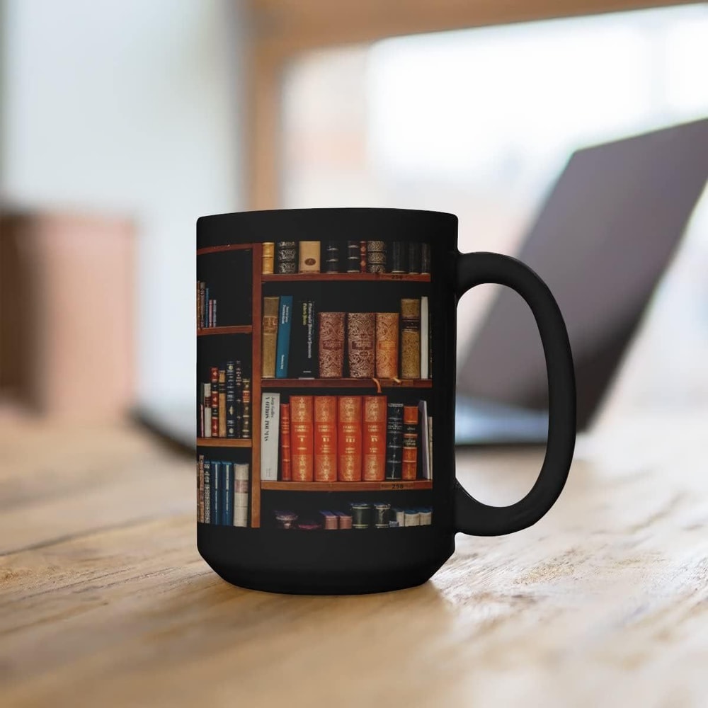 Retro Book Pattern Mug, Literary Black Ceramic Coffee Cup, Vintage Bookshelf Theme, Book Lover Gift Mug