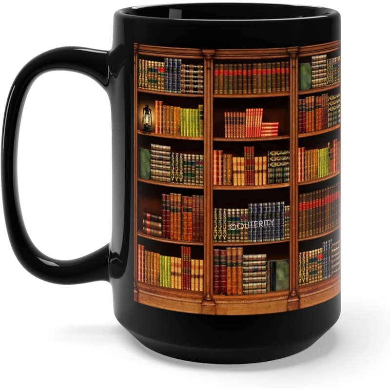 Retro Book Pattern Mug, Literary Black Ceramic Coffee Cup, Vintage Bookshelf Theme, Book Lover Gift Mug