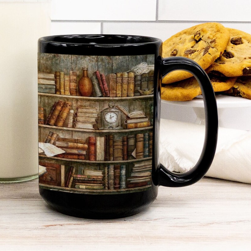 Retro Book Pattern Mug, Literary Black Ceramic Coffee Cup, Vintage Bookshelf Theme, Book Lover Gift Mug