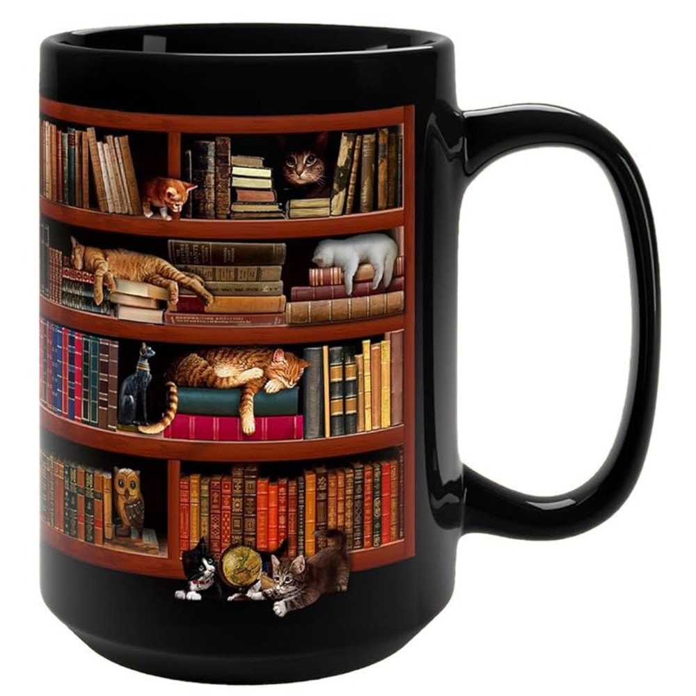 Retro Book Pattern Mug, Literary Black Ceramic Coffee Cup, Vintage Bookshelf Theme, Book Lover Gift Mug