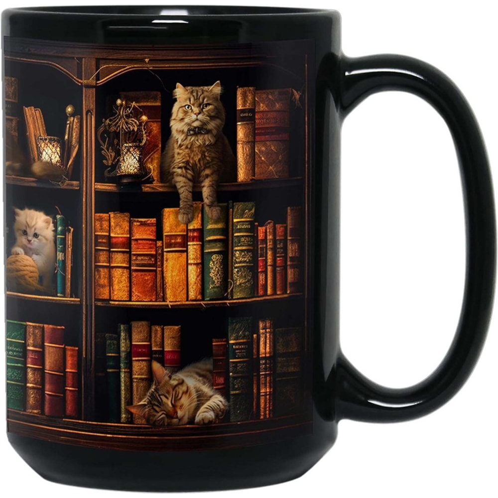 Retro Book Pattern Mug, Literary Black Ceramic Coffee Cup, Vintage Bookshelf Theme, Book Lover Gift Mug