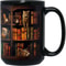 Retro Book Pattern Mug, Literary Black Ceramic Coffee Cup, Vintage Bookshelf Theme, Book Lover Gift Mug