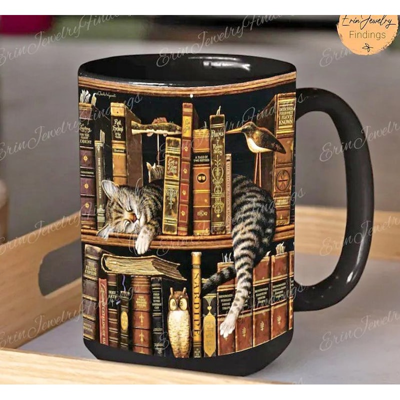 Retro Book Pattern Mug, Literary Black Ceramic Coffee Cup, Vintage Bookshelf Theme, Book Lover Gift Mug