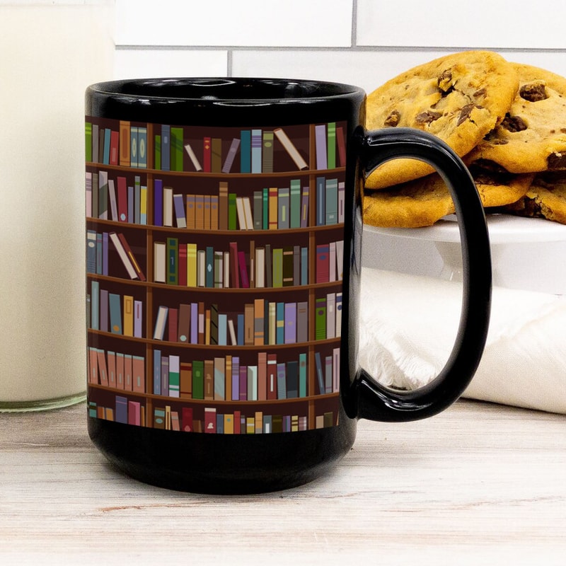 Retro Book Pattern Mug, Literary Black Ceramic Coffee Cup, Vintage Bookshelf Theme, Book Lover Gift Mug