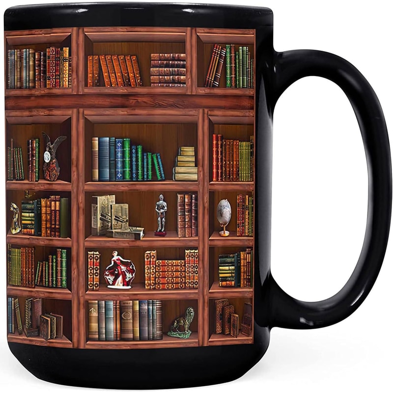 Retro Book Pattern Mug, Literary Black Ceramic Coffee Cup, Vintage Bookshelf Theme, Book Lover Gift Mug