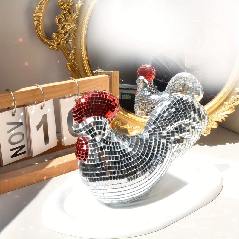 Disco Ball Rooster Chicken Mirror Ornament, Party Decoration, Birthday Gift Sculpture