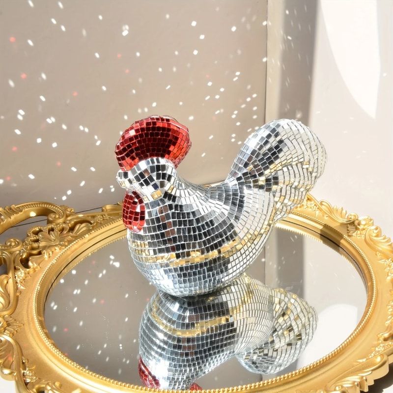 Disco Ball Rooster Chicken Mirror Ornament, Party Decoration, Birthday Gift Sculpture