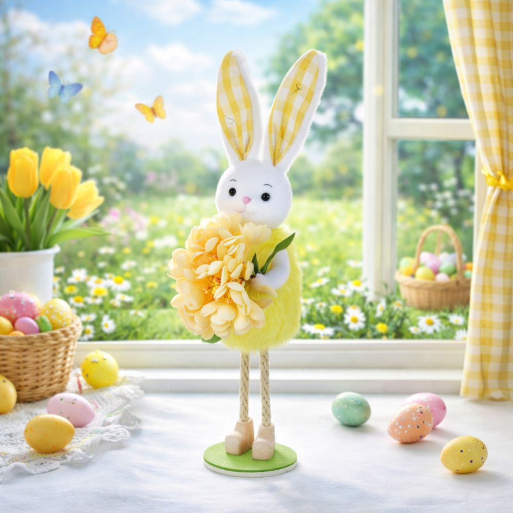 Cute Easter Bunny Figurine With Flower Skirt, Fabric Holiday Decoration for Living Room Home Decor