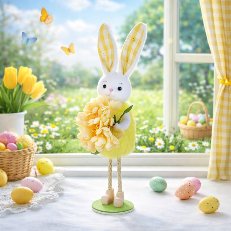 Cute Easter Bunny Figurine With Flower Skirt, Fabric Holiday Decoration for Living Room Home Decor