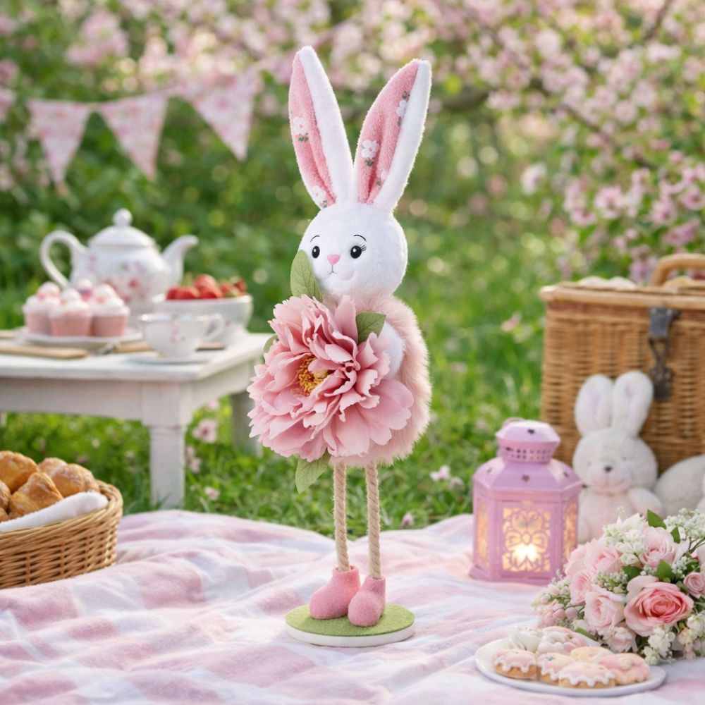 Cute Easter Bunny Figurine With Flower Skirt, Fabric Holiday Decoration for Living Room Home Decor