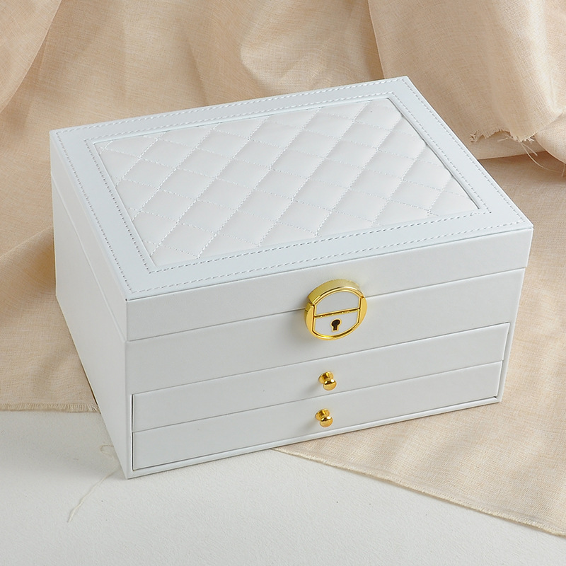Textured Leather Jewelry Box, Three-Tier Storage for Bracelets, Rings, Earrings, with Metal Clasp, Gift Box Organizer