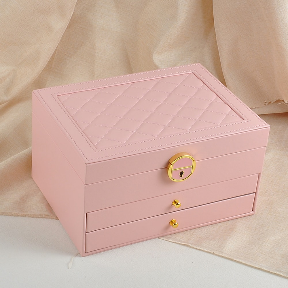 Textured Leather Jewelry Box, Three-Tier Storage for Bracelets, Rings, Earrings, with Metal Clasp, Gift Box Organizer