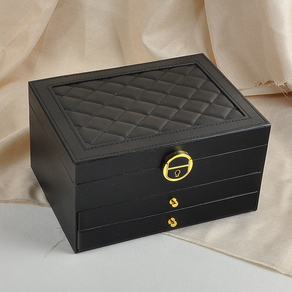Textured Leather Jewelry Box, Three-Tier Storage for Bracelets, Rings, Earrings, with Metal Clasp, Gift Box Organizer