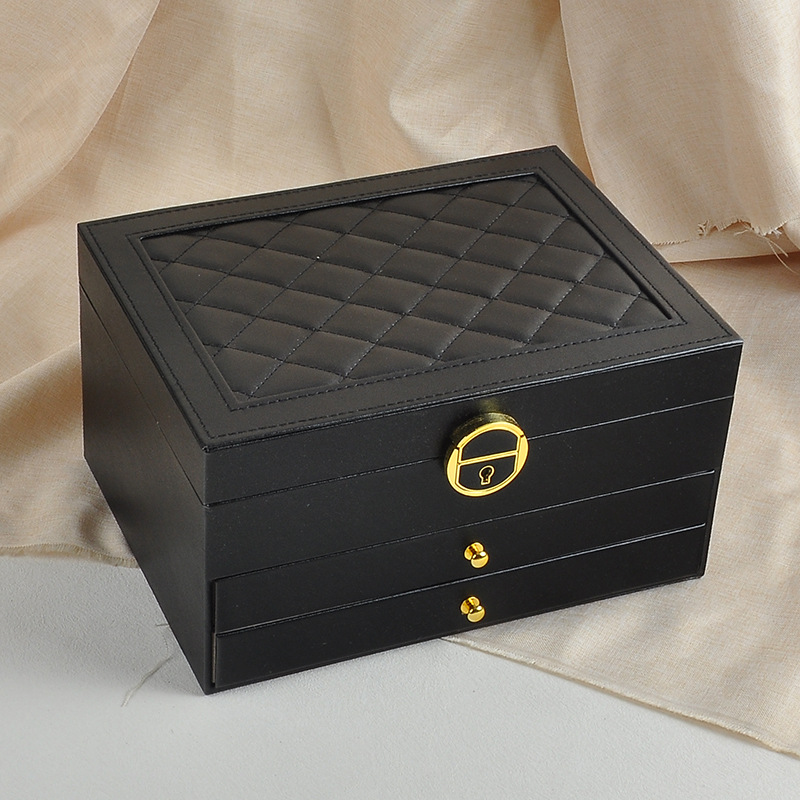 Textured Leather Jewelry Box, Three-Tier Storage for Bracelets, Rings, Earrings, with Metal Clasp, Gift Box Organizer