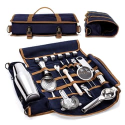 travel bar tool kit with cocktail set, travel bartender kit, portable bar roll with shoulder strap and accessories