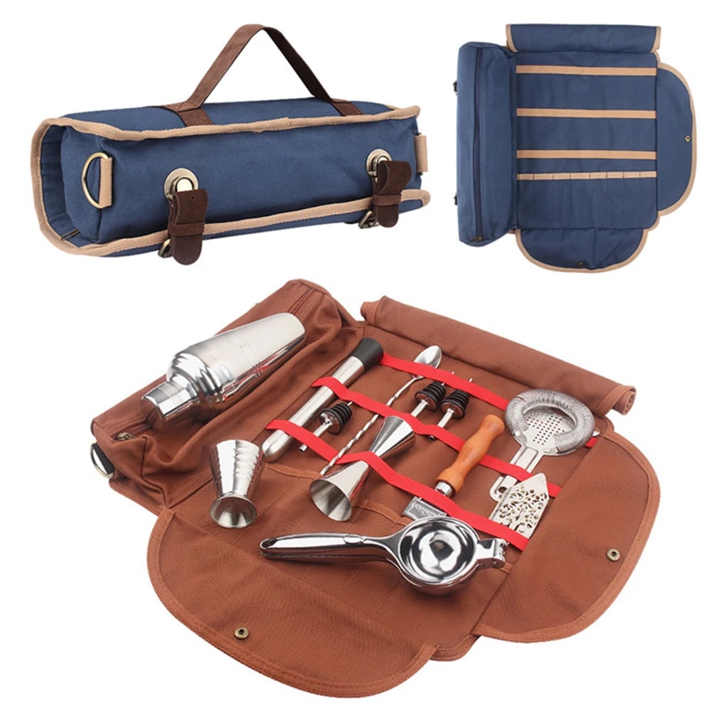 Travel bar tool kit with cocktail set, travel bartender kit, portable bar roll with shoulder strap and accessories