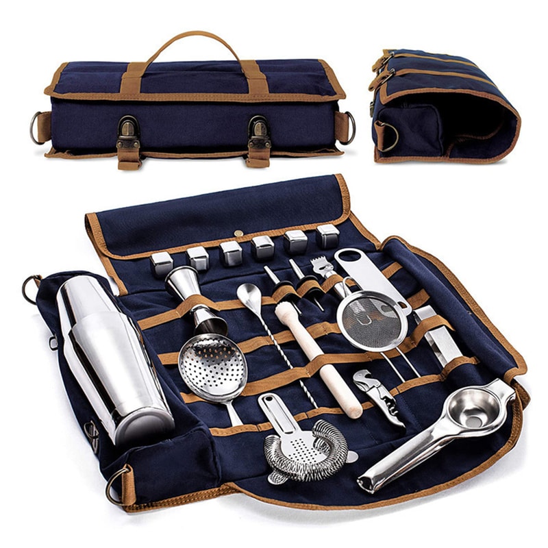 Travel bar tool kit with cocktail set, travel bartender kit, portable bar roll with shoulder strap and accessories
