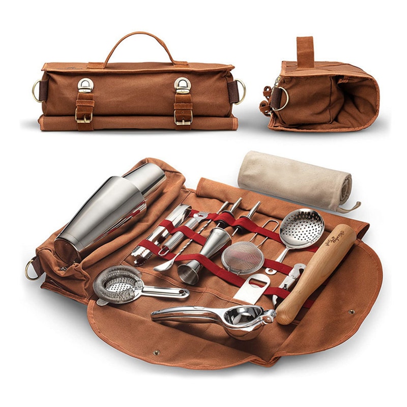 Travel bar tool kit with cocktail set, travel bartender kit, portable bar roll with shoulder strap and accessories