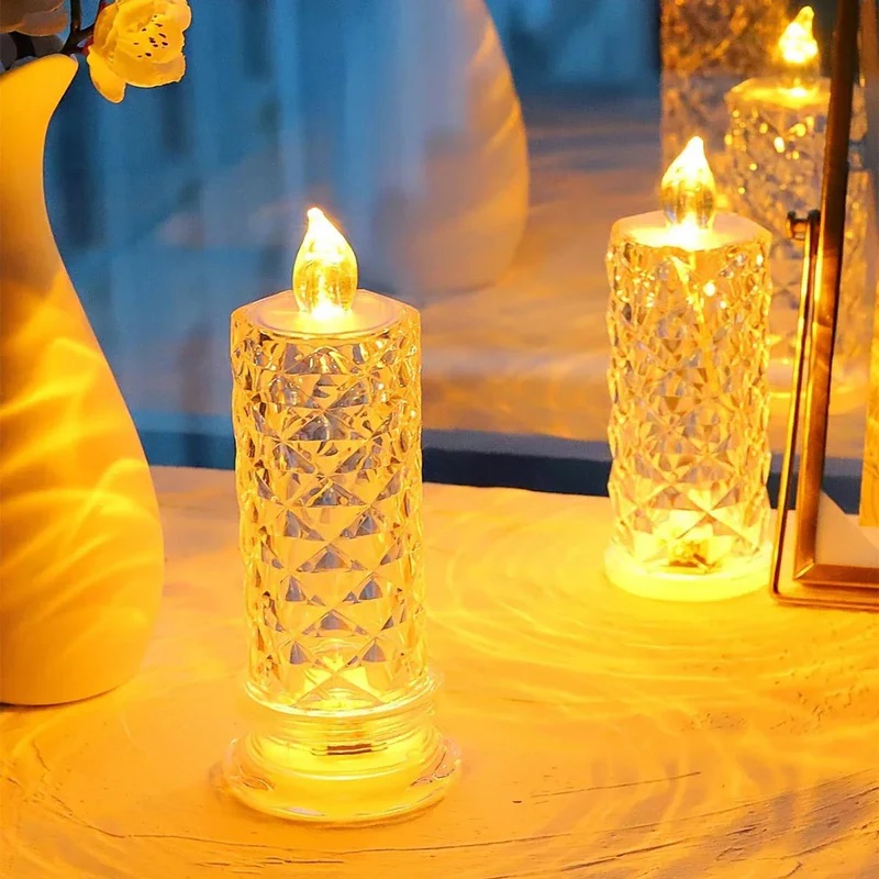 LED Crystal Candle Light Table Lamp, Rose Projection Atmosphere Light for Weddings & Parties
