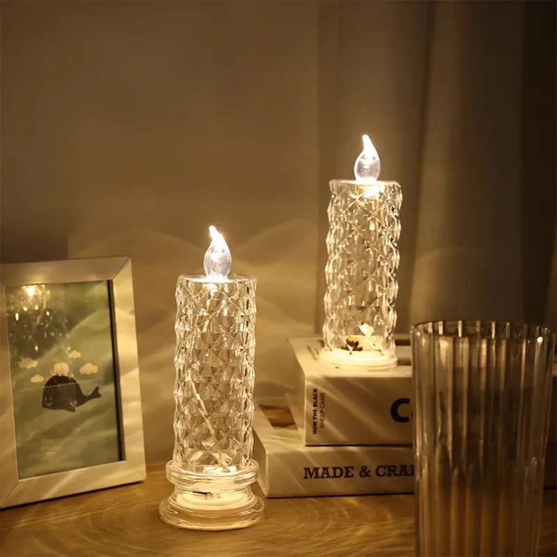 LED Crystal Candle Light Table Lamp, Rose Projection Atmosphere Light for Weddings & Parties