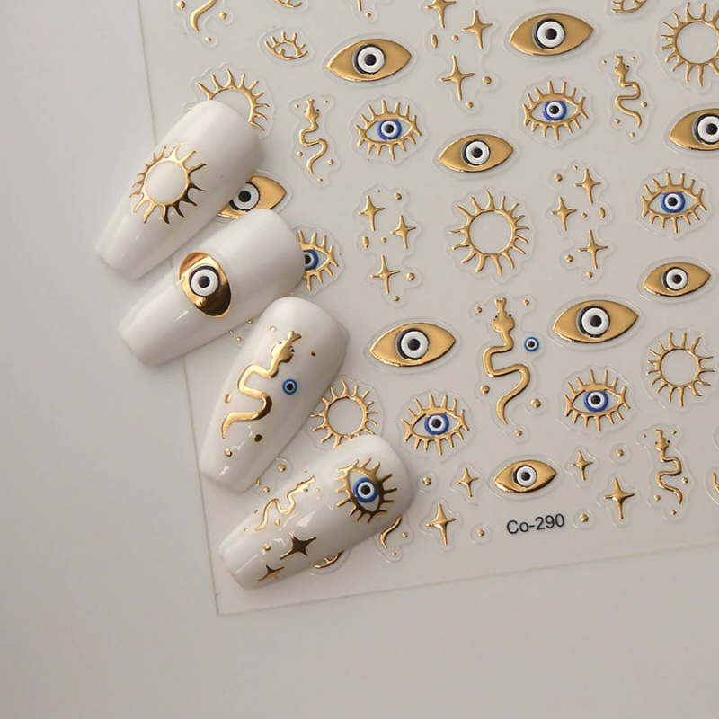 Gold Foil Devil's Eye Nail Stickers, Embossed Eyes, Sun & Stars - Perfect for Nails, Phones, Laptops, and Decorations