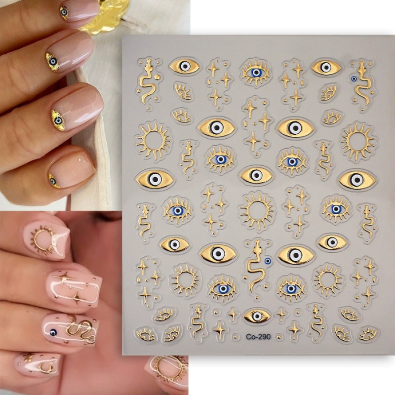 Gold Foil Devil's Eye Nail Stickers, Embossed Eyes, Sun & Stars - Perfect for Nails, Phones, Laptops, and Decorations
