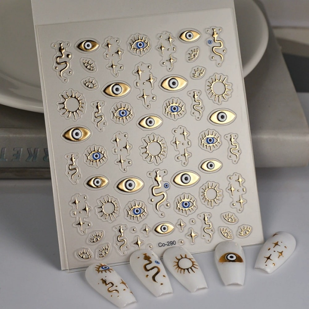 Gold Foil Devil's Eye Nail Stickers, Embossed Eyes, Sun & Stars - Perfect for Nails, Phones, Laptops, and Decorations